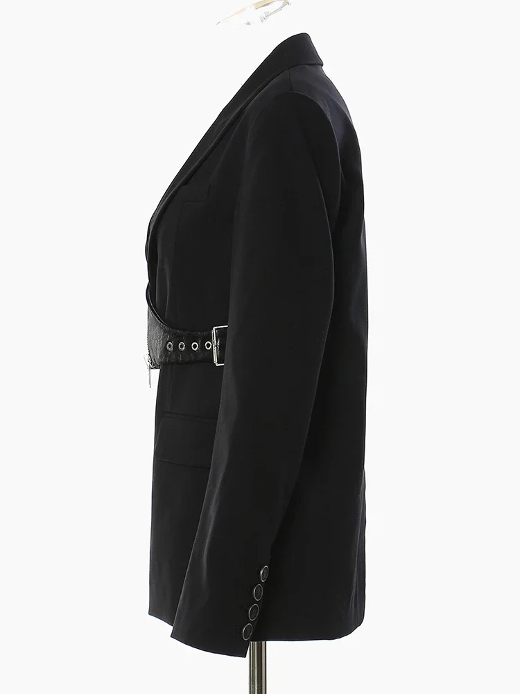 Fashion Tide Spring Autumn 2026 17A7466 Women Black Irregular Pu Leather Blazer New Lapel Long Sleeve Loose Fit Jacket