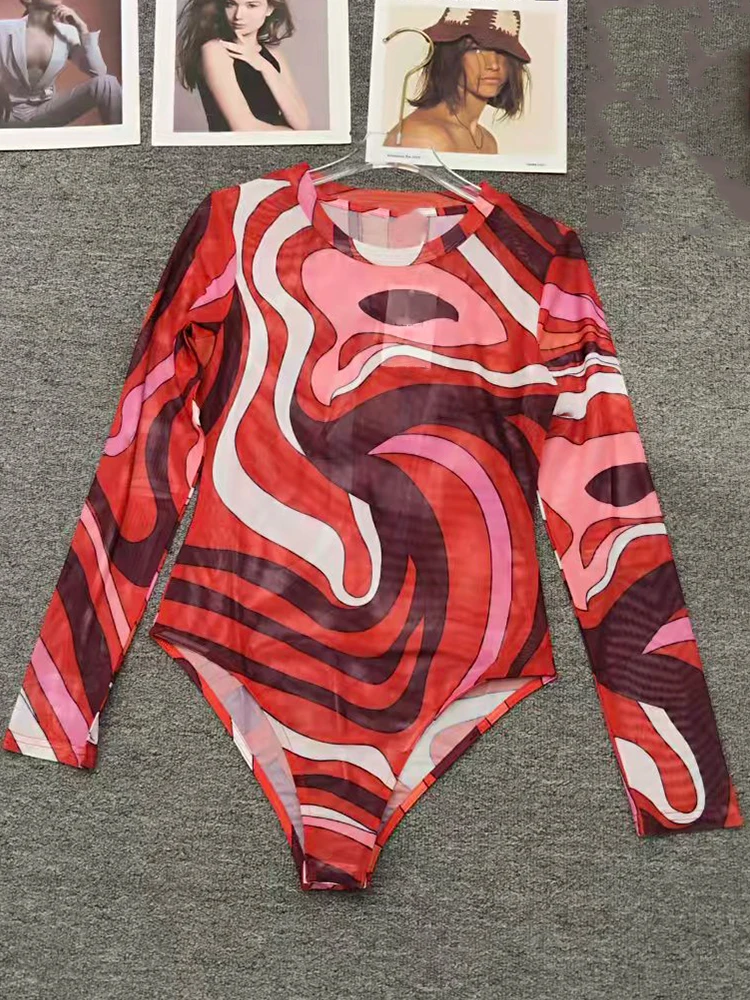 Retro Geometric Print Round Neck Pullover Knitted Jumpsuit 2026 Fall Women's Clothing Fashion Versatile Stretch Tights