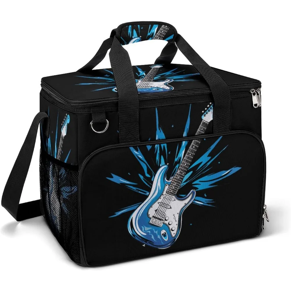 

Guitar Blue Large Lunch Bag Portable Cooler Tote Bag Insulated Lunch Pail for Camping Travel