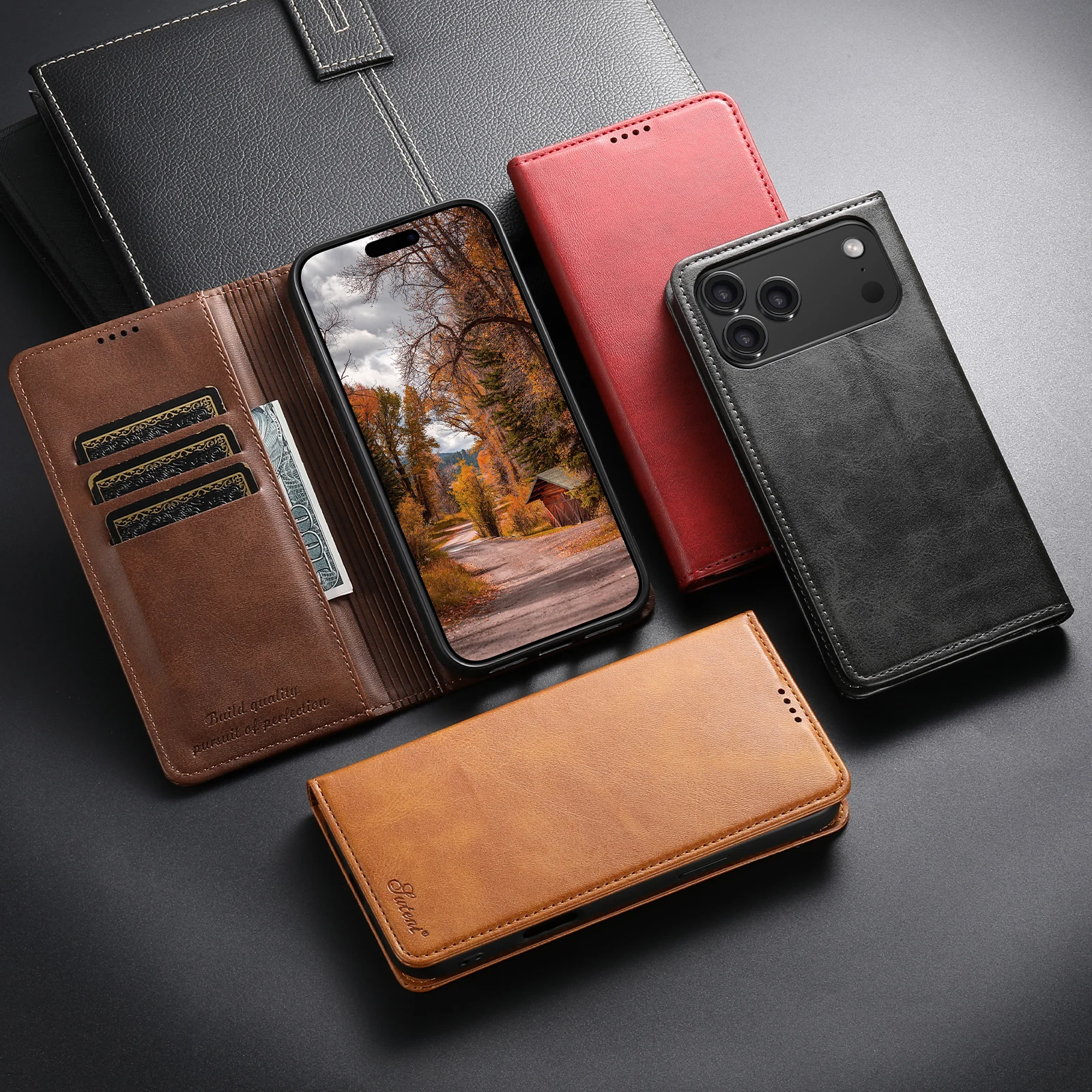 SUTENI Kunstleder-Kartenhalter-Ständer-Brieftasche Magnet-Flip-Cover Handyhülle für iPhone 18 Pro Max 17 Air 16 Plus 15 Pro 14 13 12