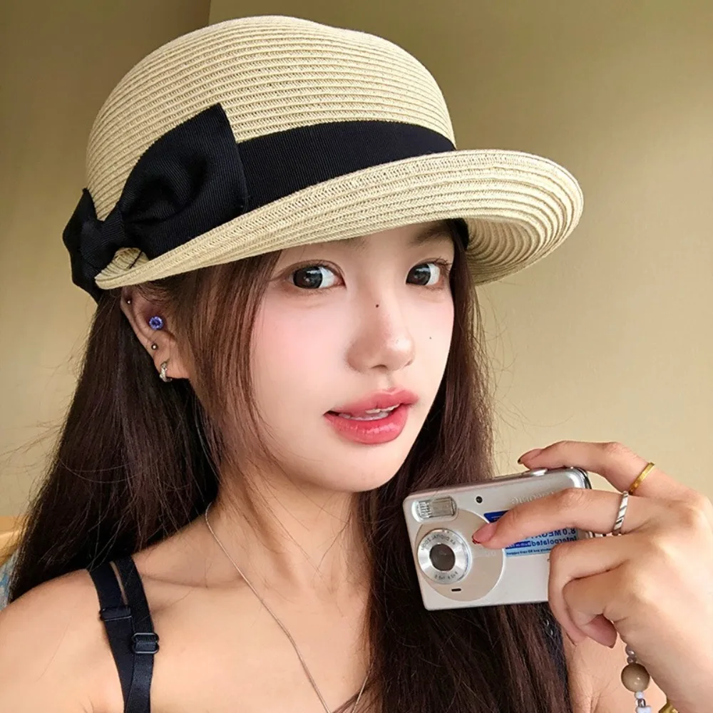 

Fashion Elegant Woven Straw Cap French Sun Protection Bow Straw Cap Casual Dome Equestrian Hat Ladies/Girls