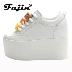 Fujin 12cm mucca vera pelle donna autunno primavera moda tacchi nascosti donna piattaforma zeppa Chunky Sneakers scarpe con suola spessa