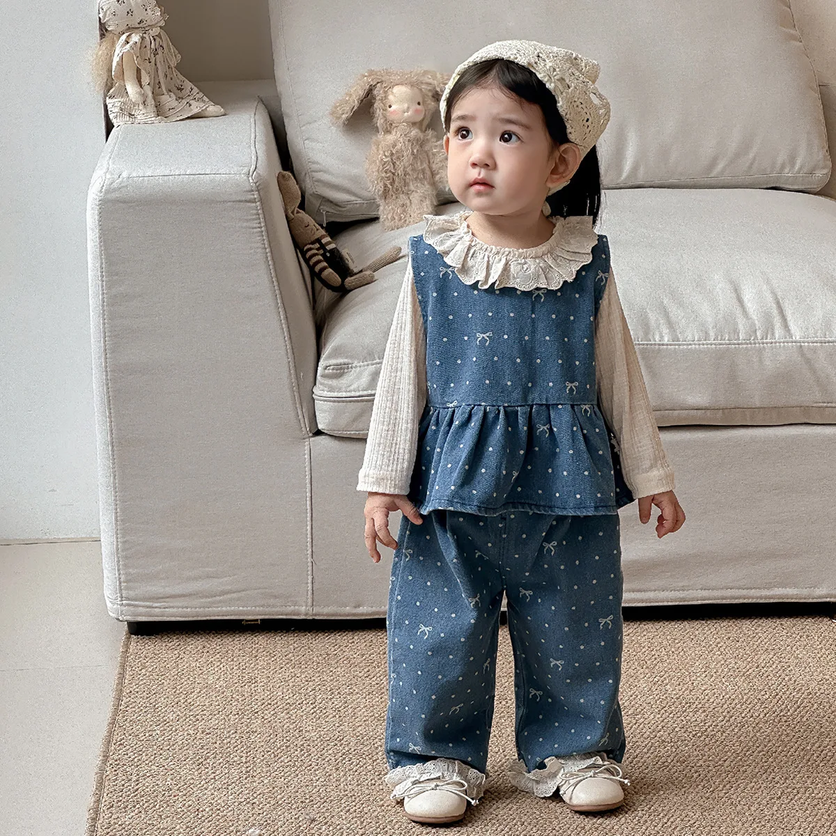 Cowboy Vest Pants Base Shirt Grils Children Spring Autumn New Fashionable Baby Sweet Solid Fashionable Casual Loose