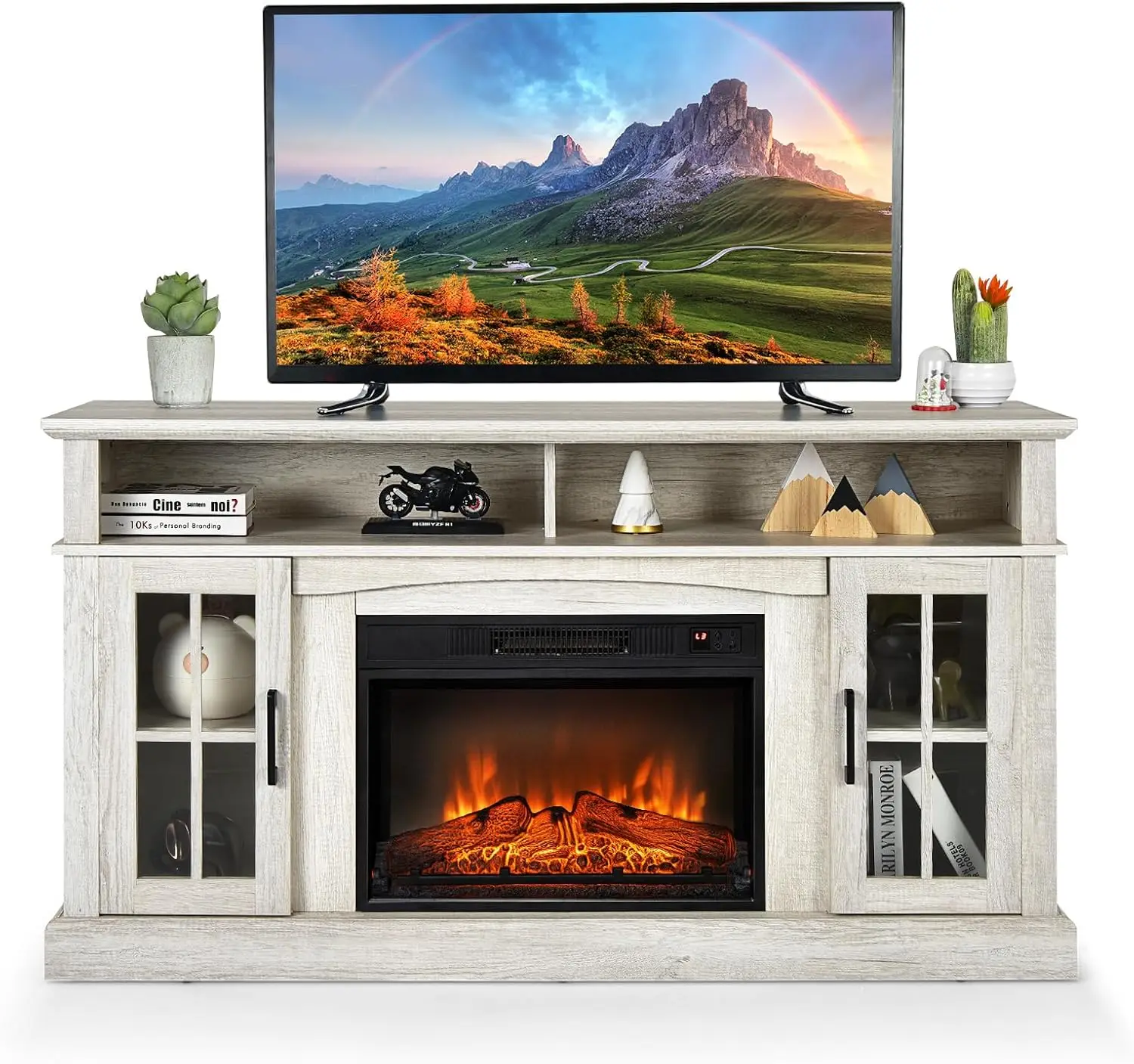 

COSTWAY Electric Fireplace TV Stand for TVs Up to 65 Inches, 1400W Heater Insert with Remote Control, 6H Timer, 3-Level Flame, O