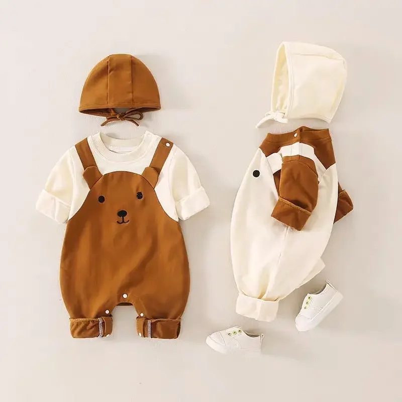 Newborn Baby Bodysuit Boys Girls Fake Two-piece Toddler Clothing with Hat Children Infant Homewear 0-12M