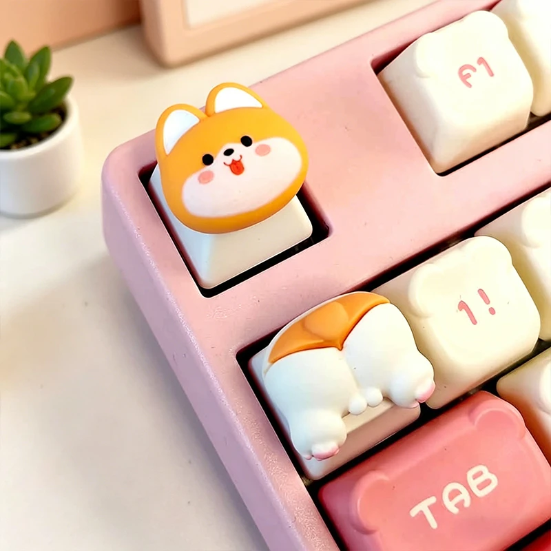 2Pcs/set Cartoon Wooden Dog Corgi Fart Keycaps Handmade Gift Mechanical Keyboard Decorative Key Caps