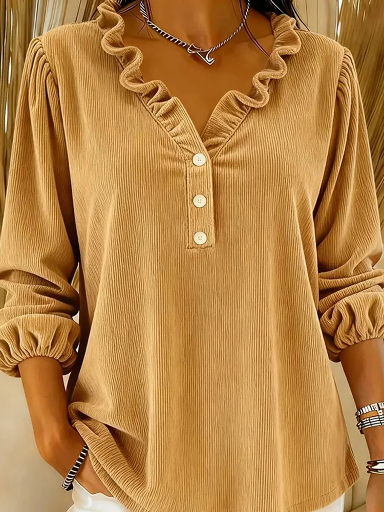 

Elegant Lantern Long Sleeve Loose Tops Autumn New Simple V-neck Ruffles Commute Tops For Women 2025 New Corduroy Solid Pullovers