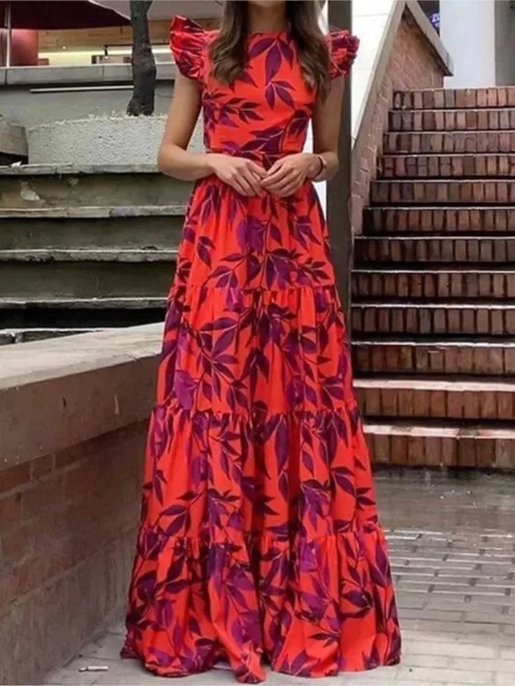 

Women's Printed Round-neck Long Ruffled Swing Dress Summer Commuting Elegant High Waist V-neck Short-sleeved Casual Dresses