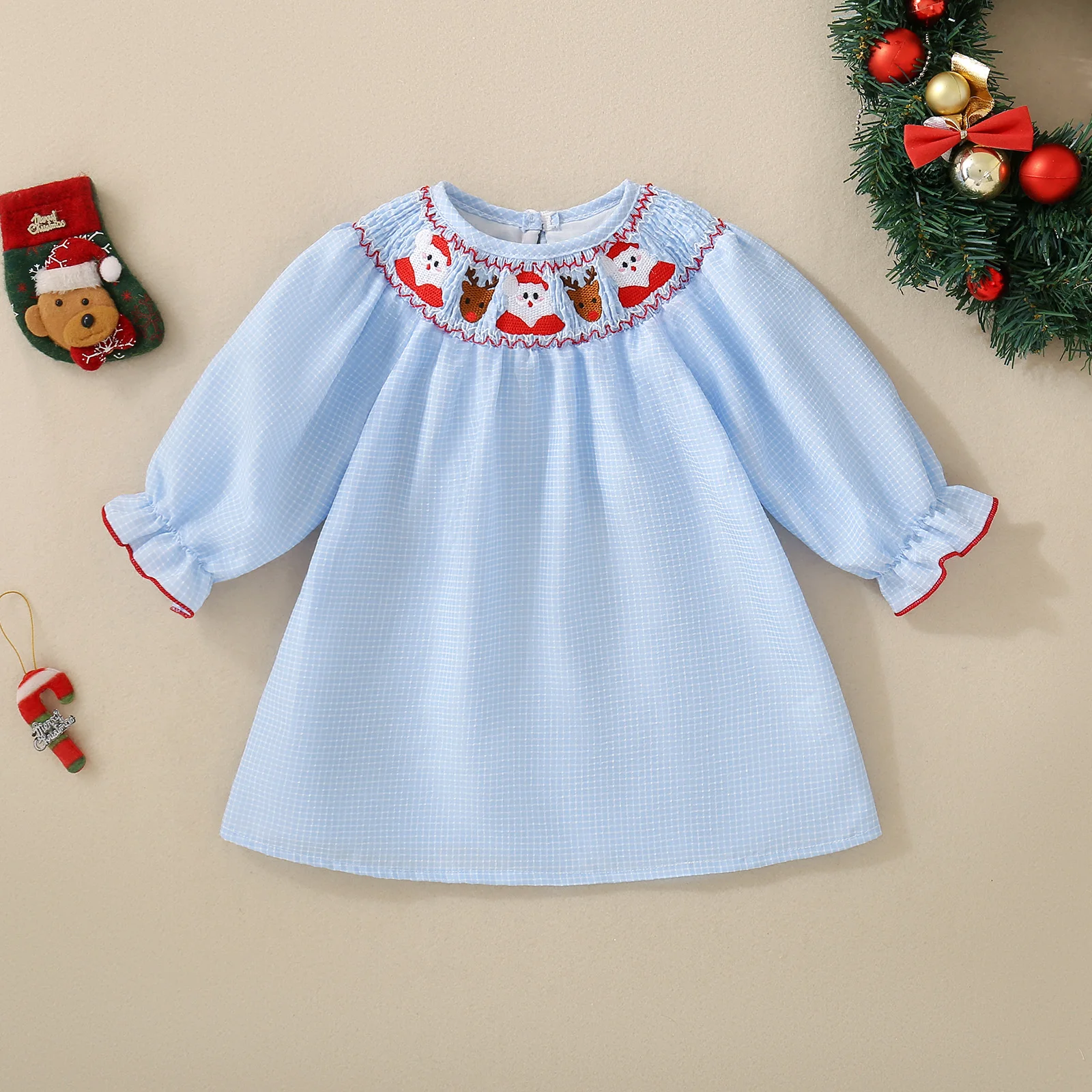 

Spring Autumn Blue Long Sleeve Santa Claus Print Dress Cute And Sweet Infant Girls Dress for All Seasons