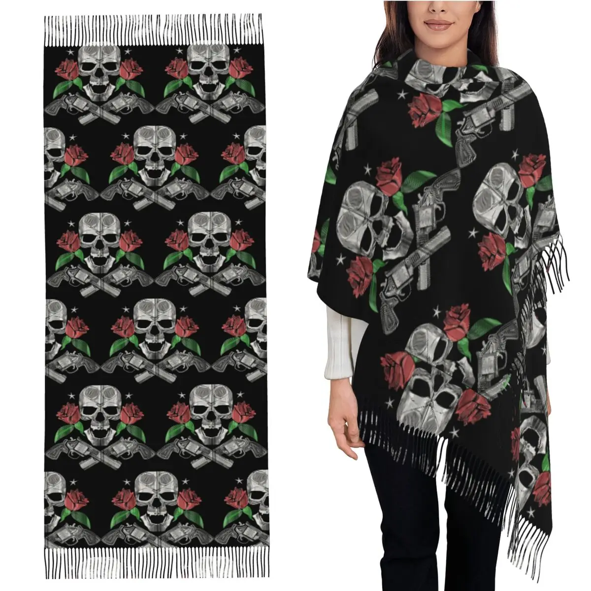 

Red Roses With Guns And Skull Design Zip Hoodie Scarf Tassel Scarves for Women Shawls and Wraps Long Fall Winter Shawl Wrap