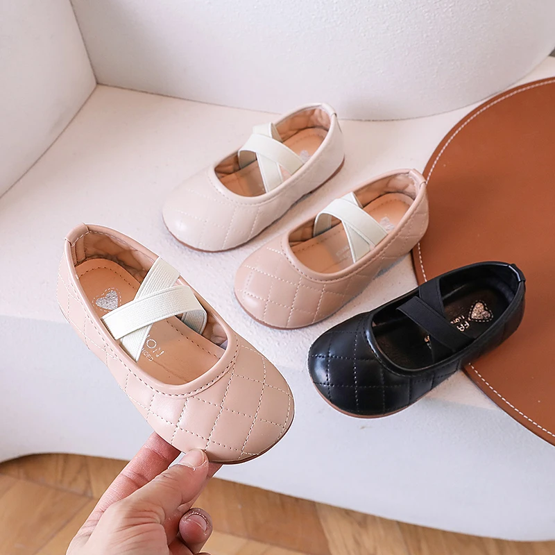 

Girl'S Ballet Flats Sewing Soft Pu Leather Elastic Band Kids Princess Shoe Minimalist Pure Color Children Mary Janes 21-36