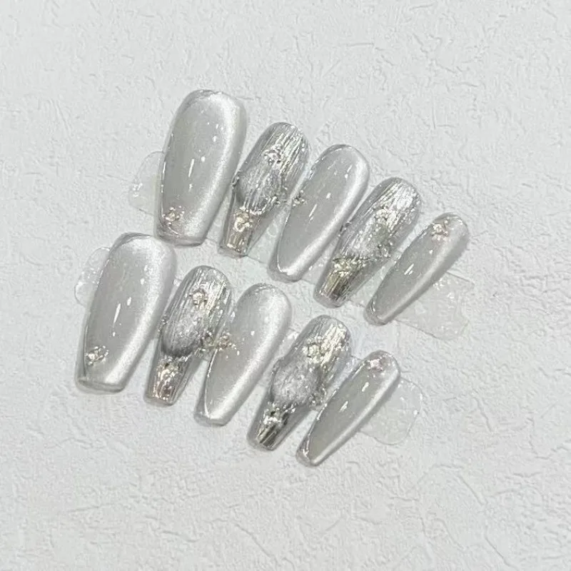 False Nails Fake Nails Full Cover Press on Nails Diy Pure Handmade Removable Reusable Diamond Silver Cat Eye Glass Beads