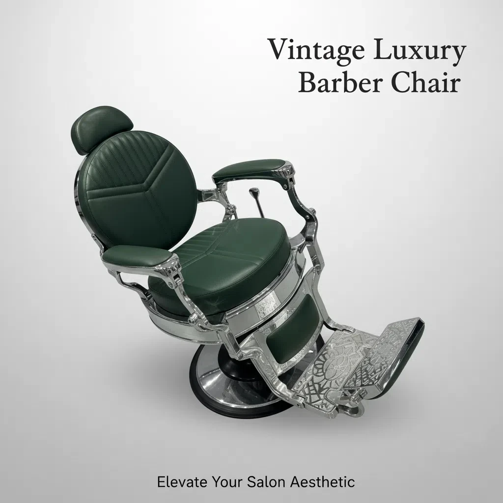 Keyunshi Green & Chrome Vintage Barber Chair, Luxury Leather Salon Chair with Ornate Footrest for Men's Grooming Salons