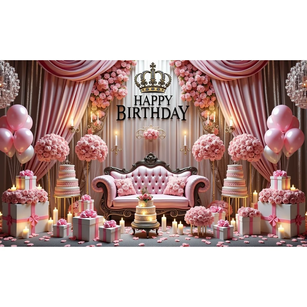 Aniversário feliz cenários festa fundo banner rosa ouro balão coroa padrão decoração do quarto cartaz suprimentos de parede