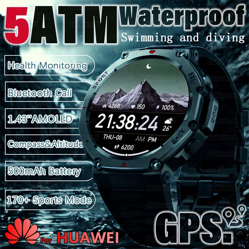 New Smart Watch 1.43'' 466*466 AMOLED HD Screen 5ATM Waterproof GPS 500mAh High Battery Compass 170+ Sports Mode Watches For Men