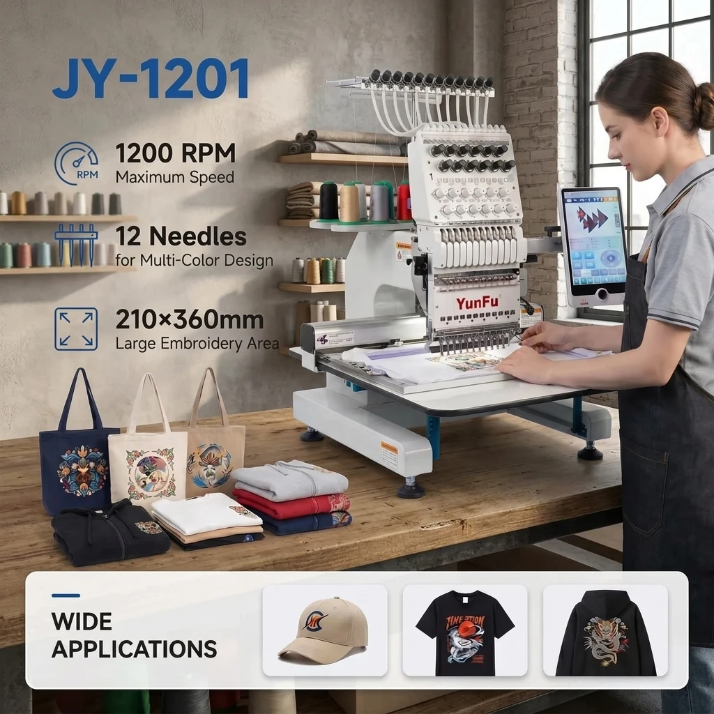 JY-1201 Single Head 12 Needle Embroidery Machine 1200 RPM Computerized Embroiderer 210 X 360 Mm For Caps T Shirts Hoodies