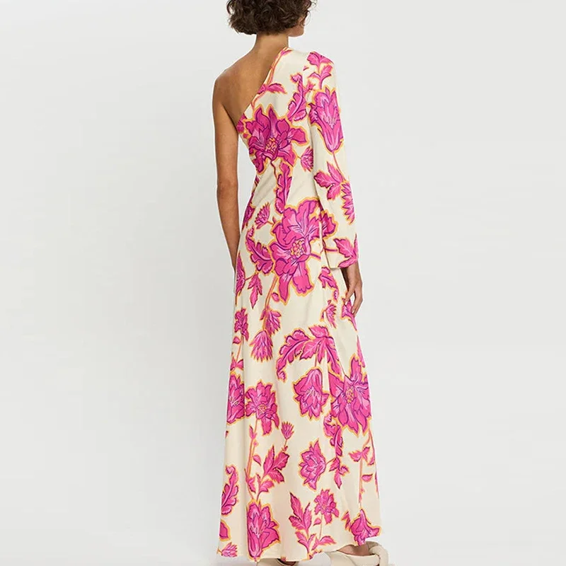 Fashion Floral Printed Holiday Party Dress Women Elegant High Waist Long Dress Sexy One Shoulder Long Sleeve Bohemian Dress