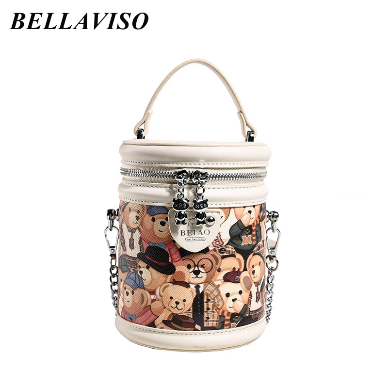 

BellaViso Elegant Women's Chain Crossbody Bag Female Niche Portable Barrel Shaped Cartoon Bear PU Leather Shoulder Bags BLCR-78