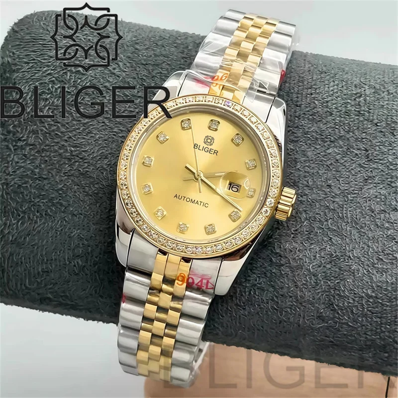 BLIGER 31mm Luxury Two Tone Gold Lady's Watch Diamond Bezel Sapphire Glass White Mother Pearl Dial Diamond Index Waterproof Date
