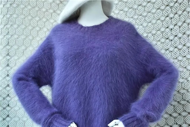 Women Mujer Hairy Mink Cashmere Knitted Purple O-Neck Long Sleeves Autumn Winter Clothing Loose Pullover Sweater Jumper Pull Top