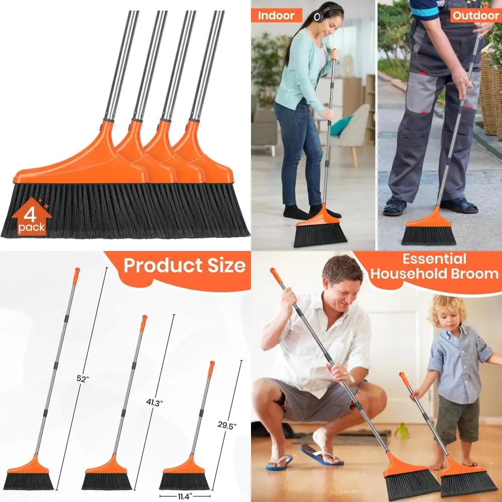 

4 упаковки сверхмощных угловых метлы для чистки пола с длинной ручкой 52 дюйма, коммерческая и промышленная метла с жесткой щетиной, для использования в помещении.