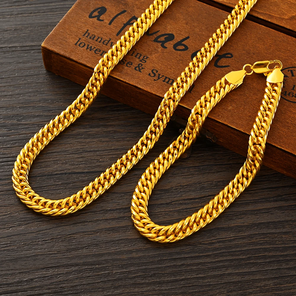 Bangrui Width 7mm Cuba Link Chain Gold Color Necklace&Bracelet for Men Women Jewelry Gift