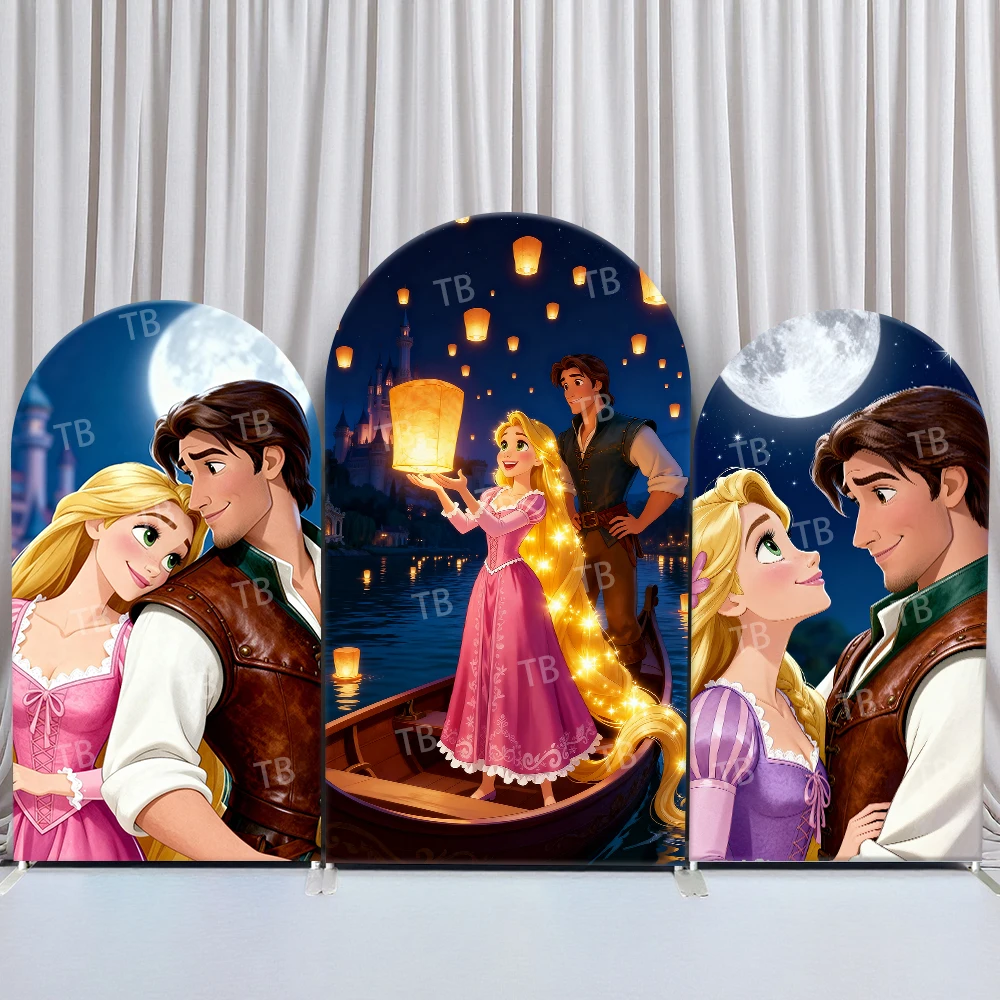 

Tangled Rapunzel and Flynn Rider Arch Backdrop Cover Lantern Moon Boat Romantic Wedding Photo Booth Props for Wedding Events