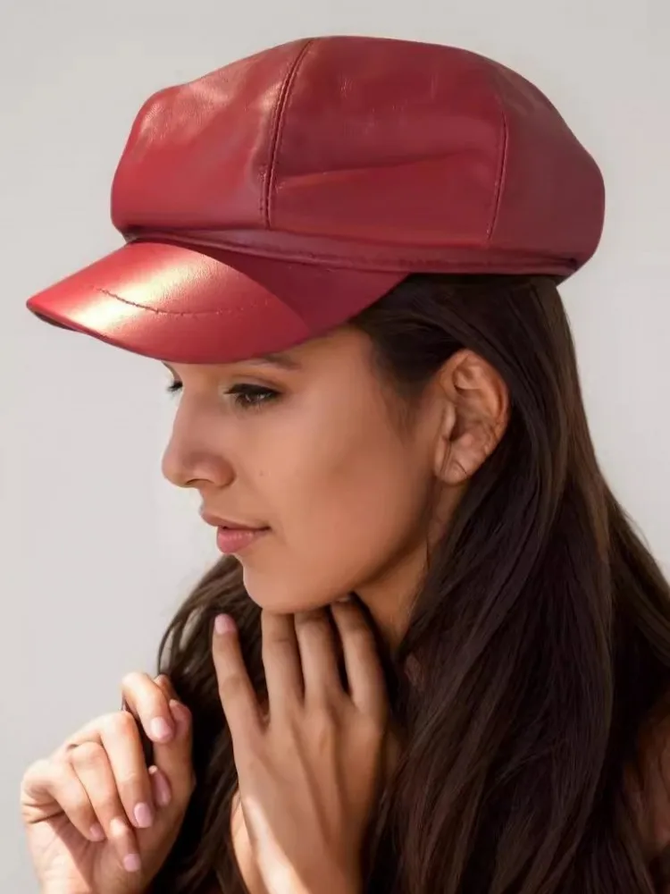 Red Genuine Leather Octagonal Cap Women Fashion Real Sheepskin Peaked Hat Comfortable Spring Autumn Windproof Berets Accessories