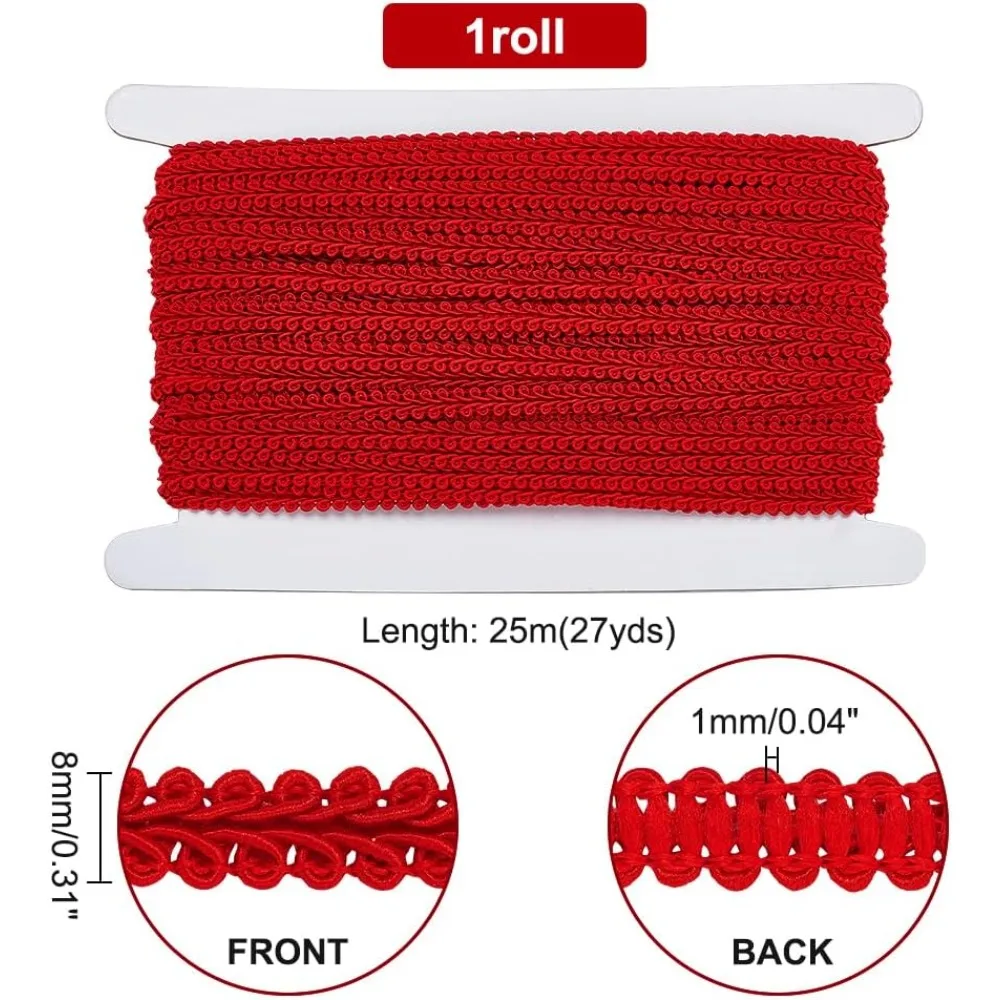 Braid Tirm for Sewing, 27 Yards 1/4 inch(8mm) Red Gimp Braid Trim Ribbon Polyester Basic Fringe Trim for Upholstery Costume DIY