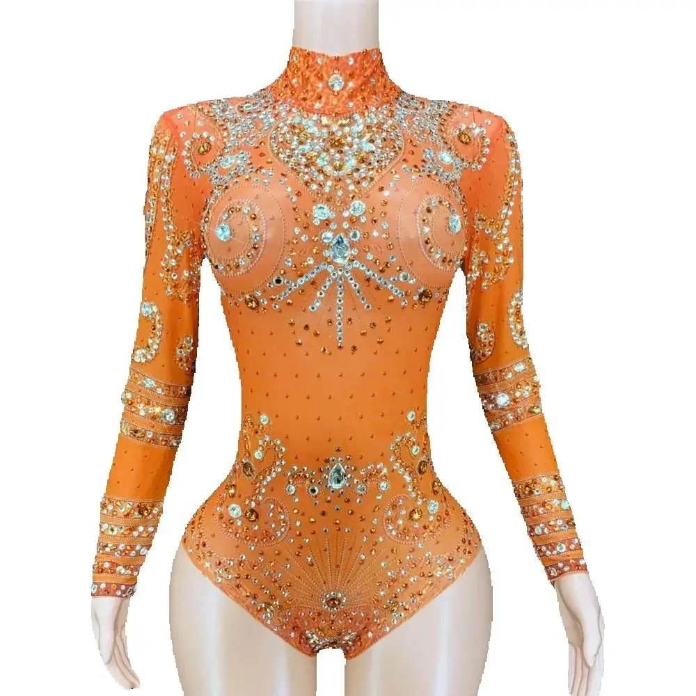 

Multicolored Shining Sparkly Crystal Rhinestones Long Sleeve Sexy Women Bodysuits Nightclub Pole Clothing Drag Queen Leotard