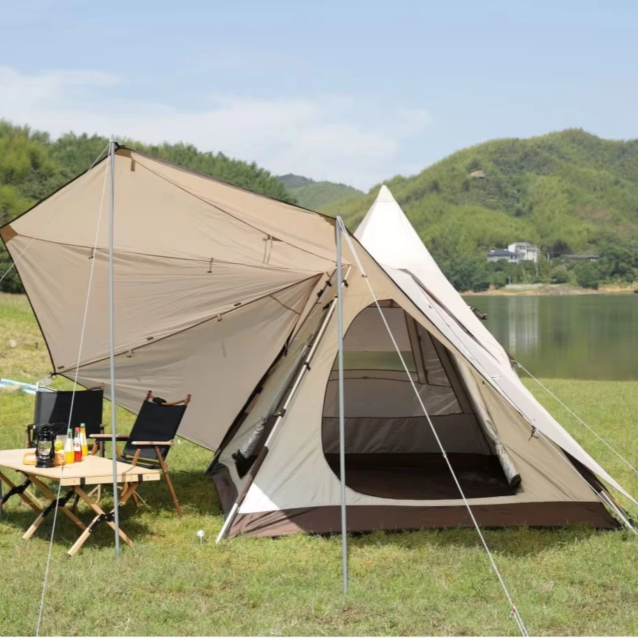 Outdoor Double-Layer Rainproof Indian Pyramid Tent with Quick-Opening Pointed-Top for Sun Protection Camping Everyday Use