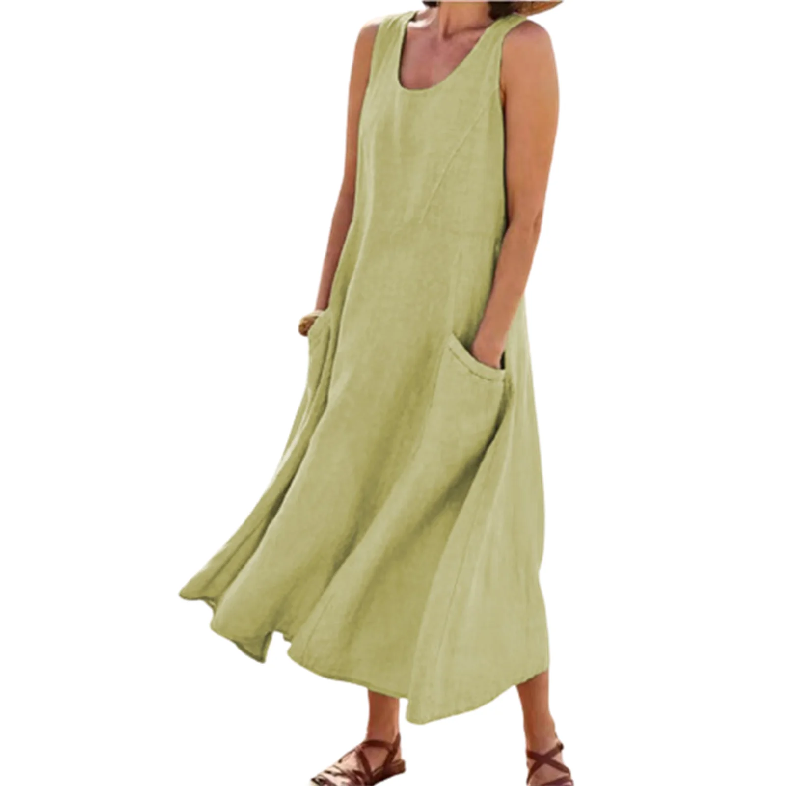 Women's Tank Swing Dress Beach Cover Up Loose Dress Women's Linen Sleeveless Shift Dress With Pockets