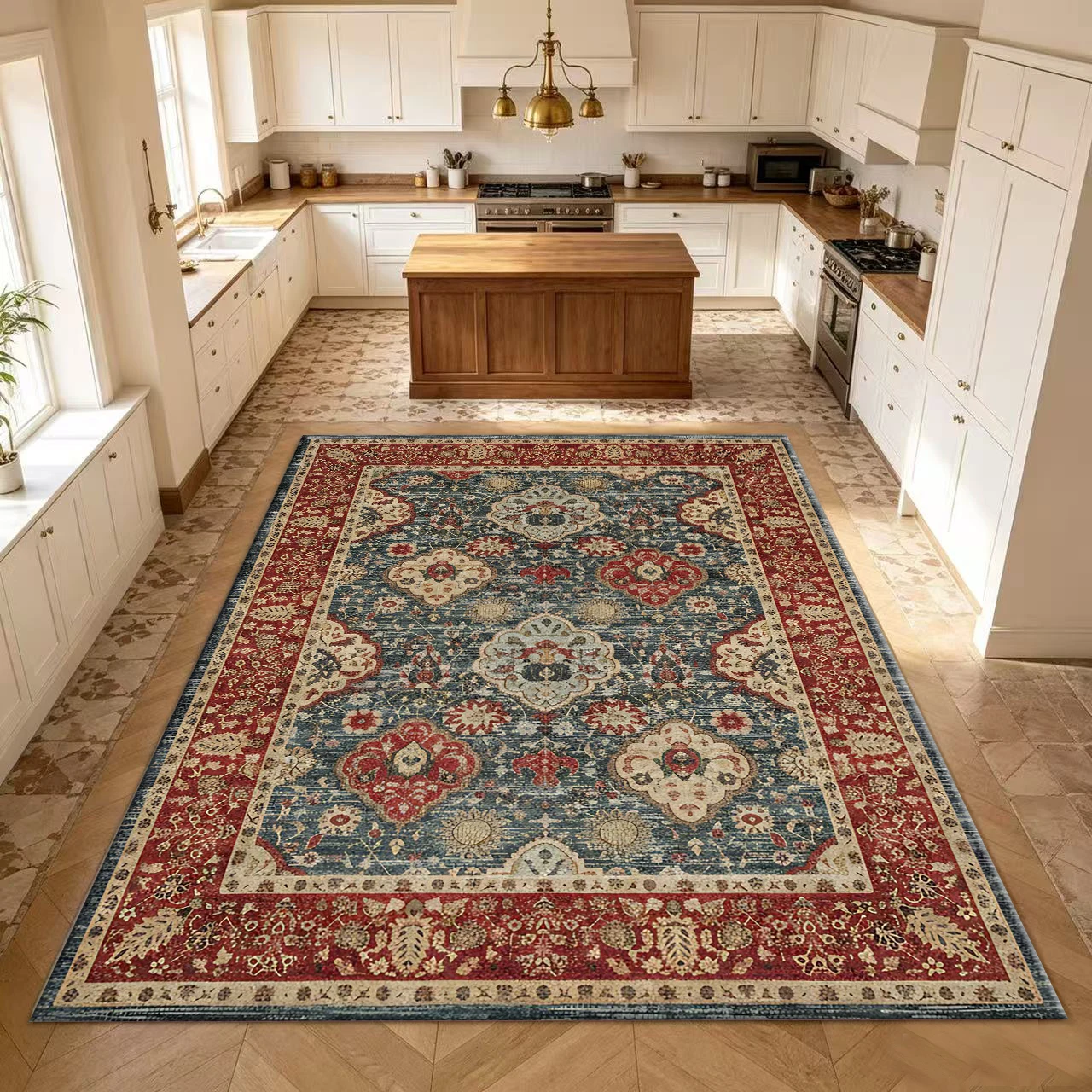 Blue and Red Vintage Floral Oriental Style Carpet, Antique-Style Traditional Carpet for Living Room and Bedroom Flooring