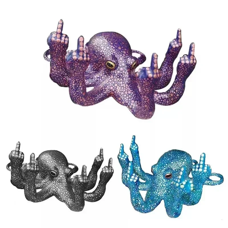 Middle Finger Octopus Statue Resin Garden Octopus Ornaments Desktop Decor Creative Angry Octopus Sculpture for Indoor Outdoor Ga