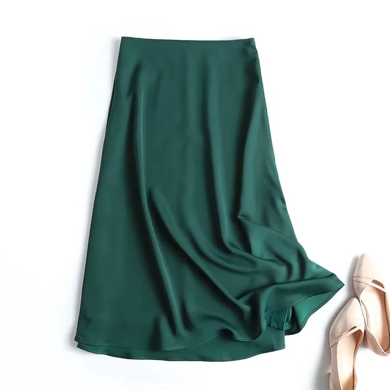 Withered Spring Midi Skirt Women England Style Fashion Simple High Waist A-lineFaldas 2022 New Fashion Satin Long Skirts Womens