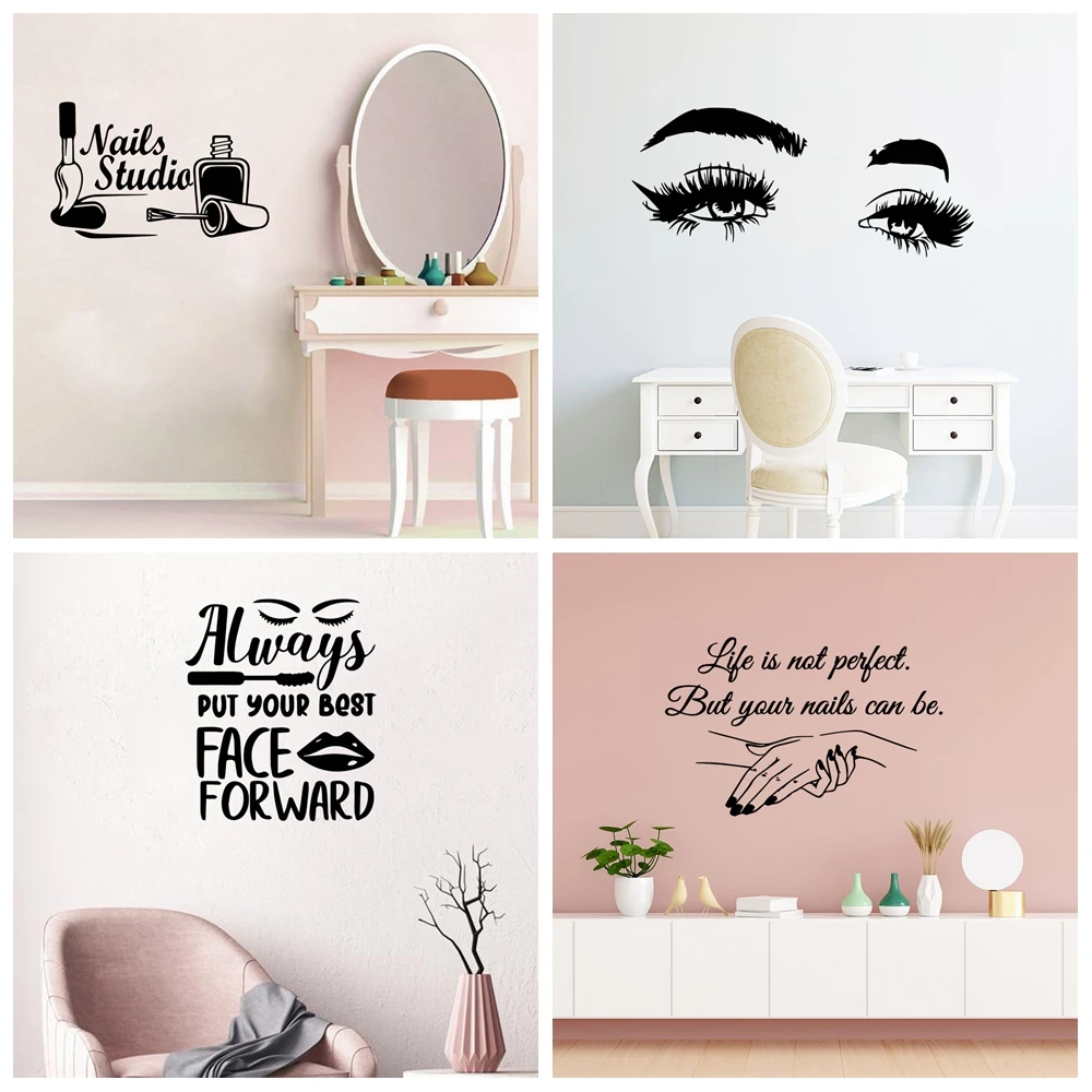 1pc Nail Studio stickers For beauty salon Decor self-adhesive Wall Decal Girl Eyes Frase Stickers suit For shop Glass Windows