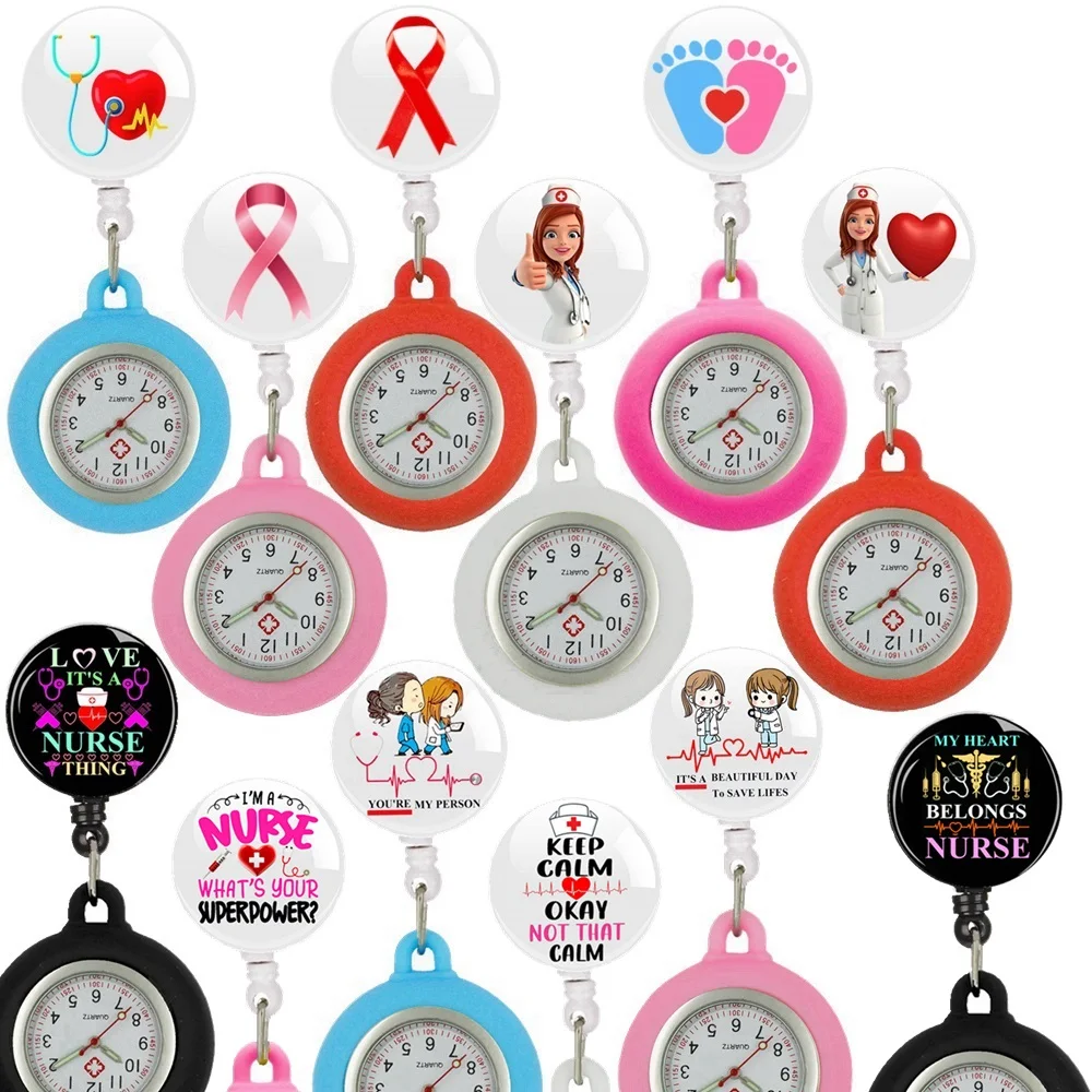 Lovely Cartoon Medical Icons Retractable Badge Reel Medicine Care Heart Health Nurse Doctor Clip Hang FOB Pocket Watches Clock