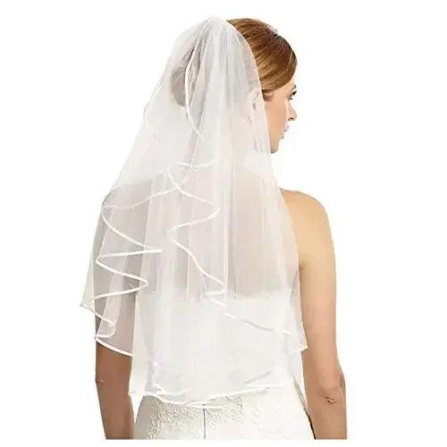 Voile Court avec Peigne en Tulle Blanc Ivoire pour Femme, Accessoire de Mariage Simple à Deux Couches, Bord de Ruban pour Patients, Bon Marché, 75cm