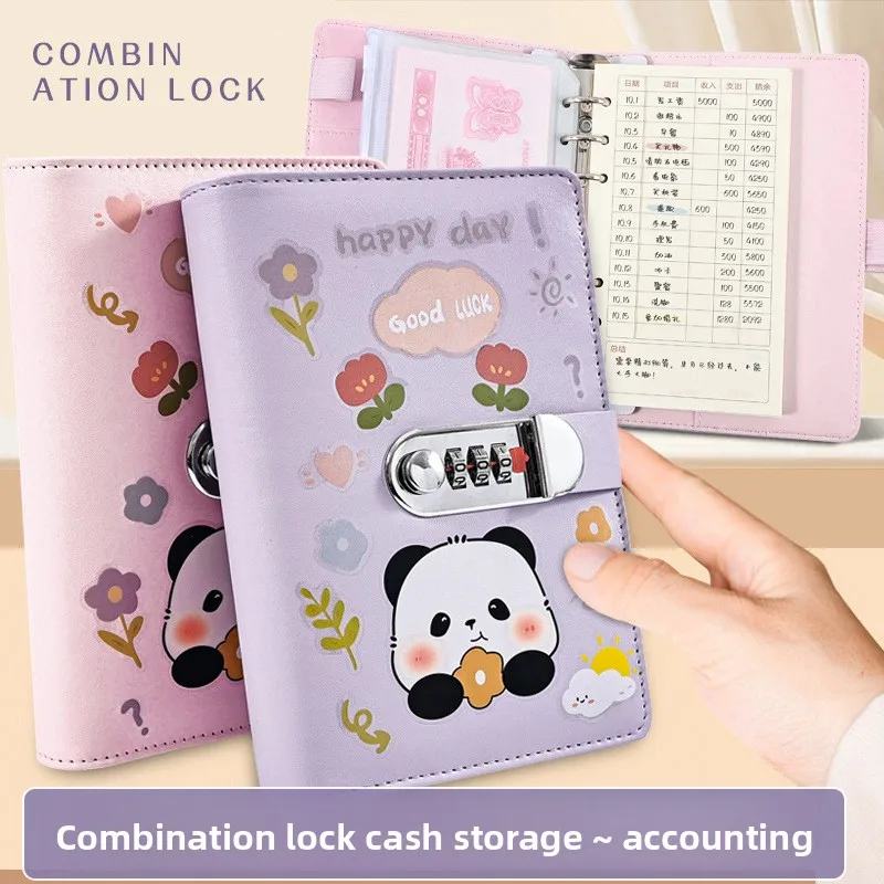 Kids Loose Leaf Cash Saving Book with Combination Lock, PU Cover Money Organizer, 80 Pages Removable Refill Sheets, 8 Clear