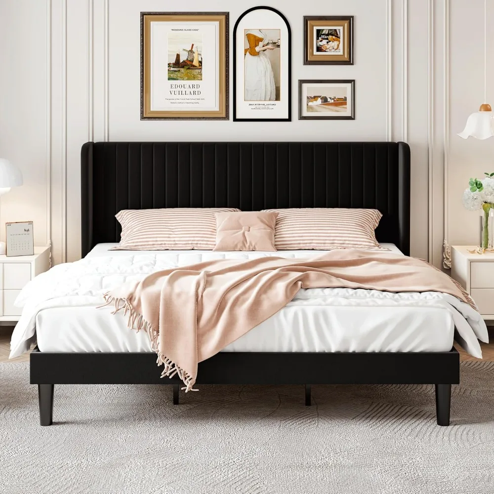 Velvet Bed Frame with Vertical Channel Tufted Wingback Headboard, Upholstered Platform Bed with Wood Slats, No Box Spring Needed