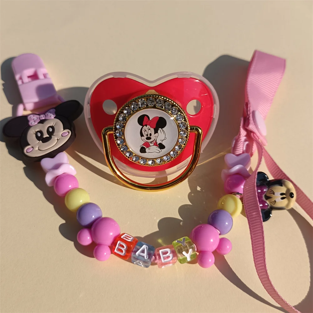 [1 Set] New Anime Minnie Mouse Image Baby Dummy with Chain Holder BPA Free Luxury Silicone Dummys Boy Girl Chupeta Baby Shower