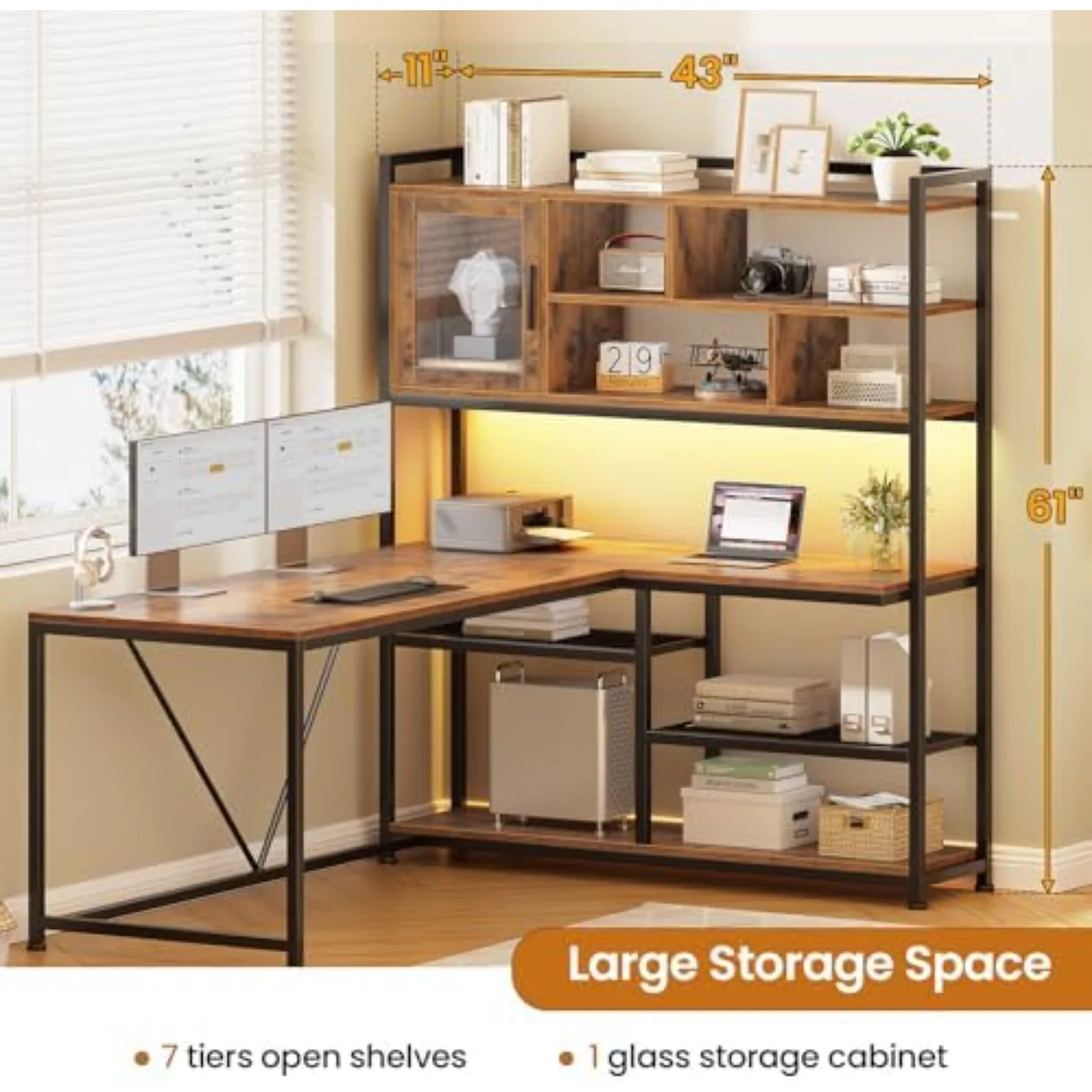 L Shaped Computer Desk with Storage Shelves, Bookshelf, Rustic Brown | 58'' Reversible Office Desk with LED Light