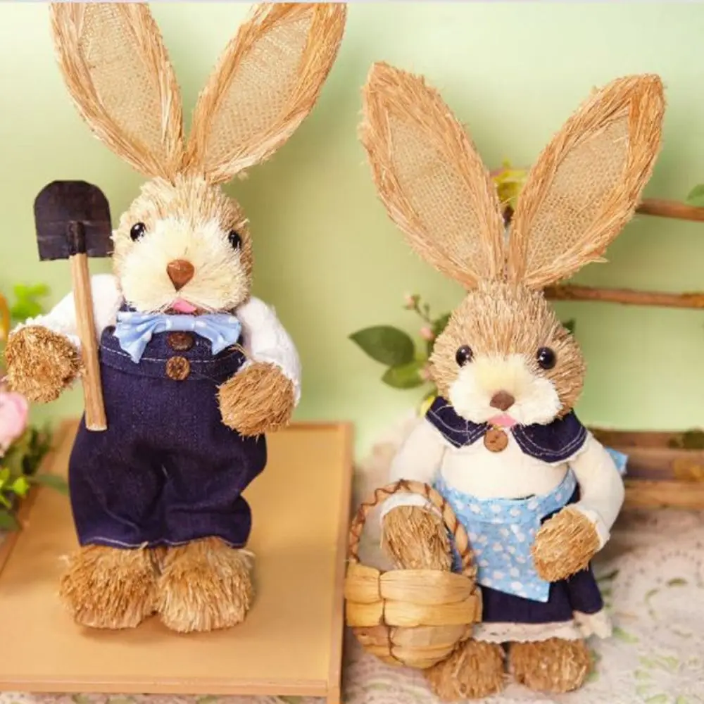 35cm Size Easter Straw Rabbit Handmade Craft Country Retro Style Woven Bunny Realistic Design Exquisite Hand Gifts Bunny Figure