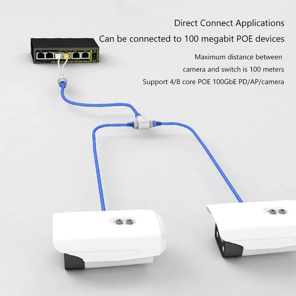 2-in-1 POE Camera Simplified Cable Connector Splitter Three-way RJ45 Connector Plug and Play for IP Security Camera Install Part