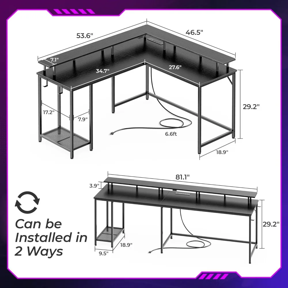 Scrivania da gioco a forma di L con luci a LED e prese di corrente