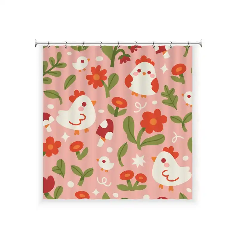 Cute Chicken Shower Curtain Pink Farm Animal Bathroom Decor for Kids Cartoon Hen and Chick Floral Mushroom Waterproof Style