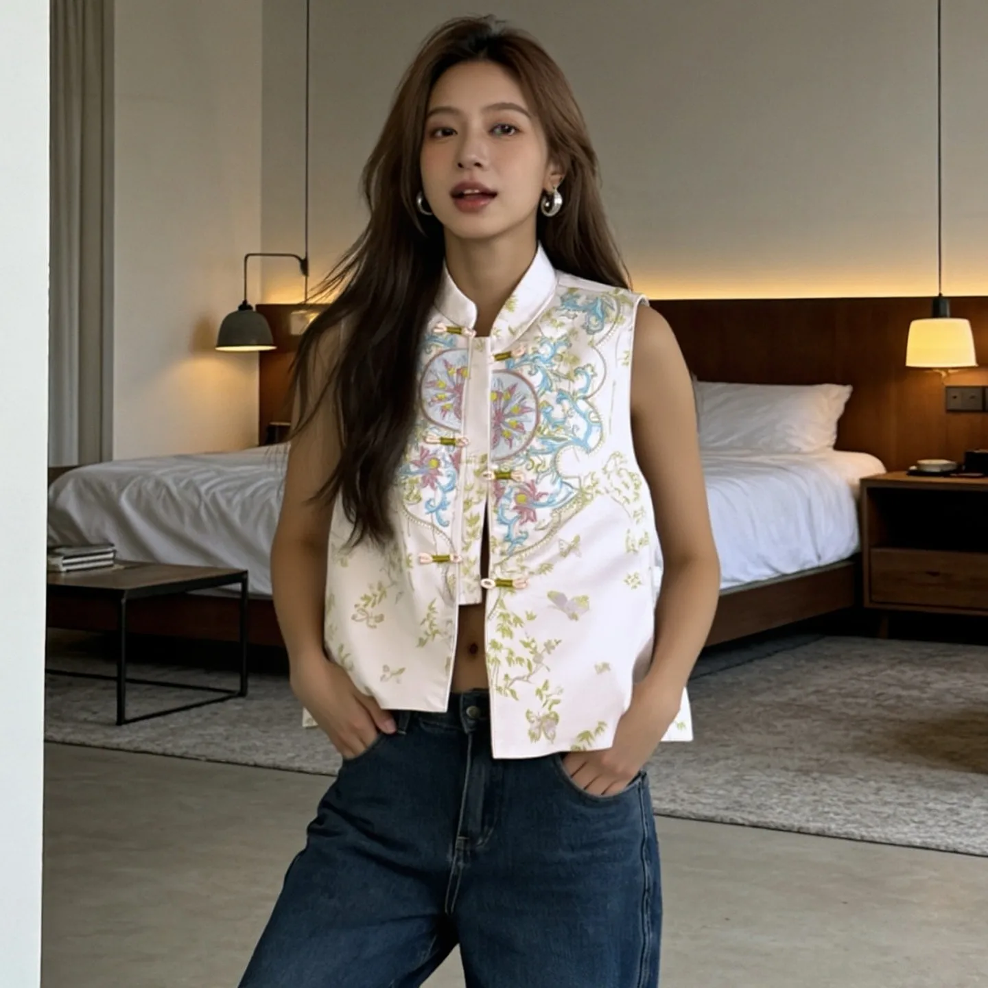 

Ele plus Size Women's Embroidered Stand Collar Vest Outerwear Spring Autumn Slimming New Chinese Sle Button up Jaet