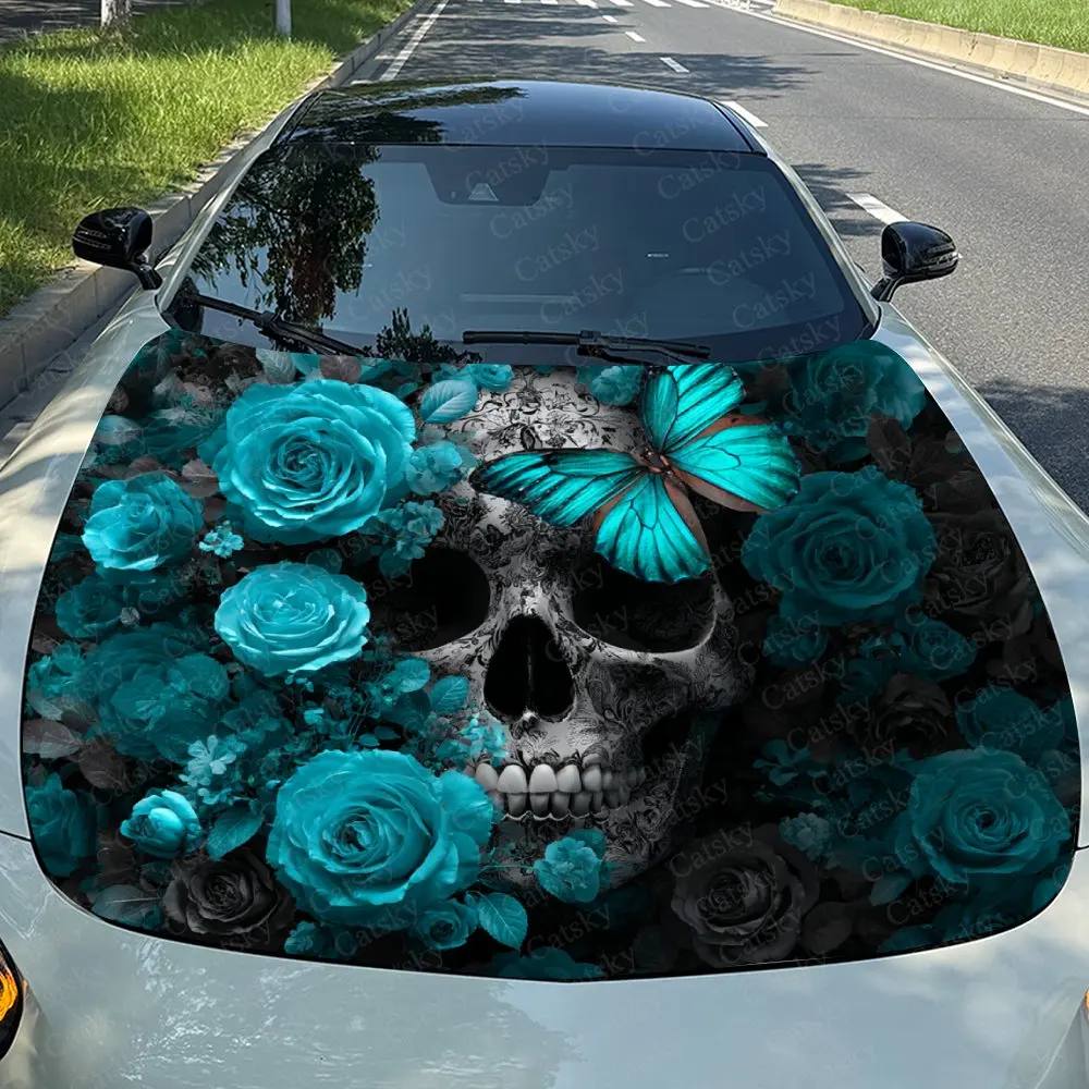 Bold Turquoise Floral Skull Car Hood Sticker,Waterproof Self-Adhesive Vinyl Graphics Decals,Decorative Auto Accessories Stickers