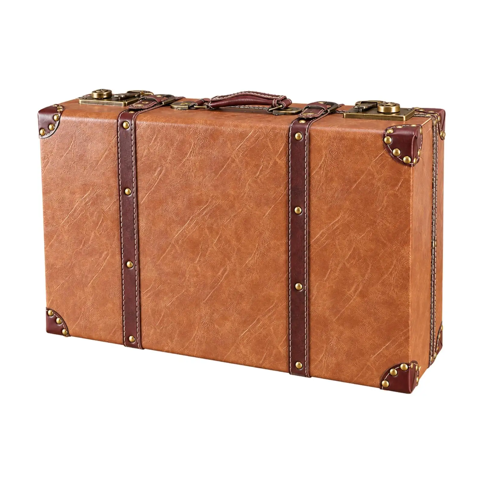 Retro Leather Storage Suitcase Carry Trunk with Metal Hardware for Bedroom Shelf and Photo Styling
