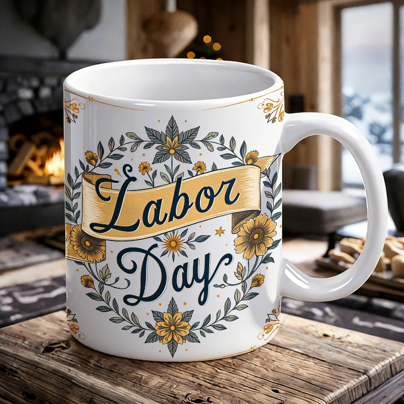 

Labor Day Floral Ribbon Ceramic Mug Vintage Elegant Coffee Cup, Milk Cup, Office Tea Cup, Gift for Friends, Fade-Resistant